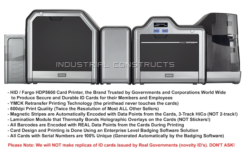 May include: A silver and black HID Fargo HDP5600 card printer. The printer is designed to produce secure and durable ID cards for members and employees. The printer features YMCK retransfer printing technology, 600dpi print quality, magnetic stripes, and a lamination module.