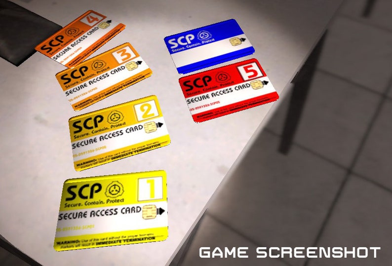 May include: Five different coloured access cards with the text "SCP Secure. Contain. Protect" and a number from 1 to 5. The cards are yellow, orange, red, blue, and yellow.