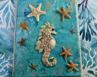 Shell Sea Horse and star fish on acrylic flow canvas_beach home decor_beach gift idea_gifts for him or her