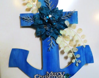 Blue Merry Christmas anchor wall decor with florals_Coastal Christmas anchor_beach home decor_holiday anchor