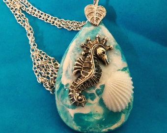 Sea Horse necklace_Acrylic flow  pendant on 24 inch silver plated chain with silver plated leaf bale_Mermaid jewelry gift_sea foam & shell