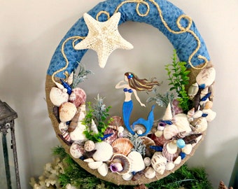 Mermaid Decor Wreath_seashell wreath_beach tropical decor_Large mermaid wreath _coastal chic decor wreath_beach gift idea_gifts for mermaids