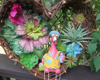 Flamingo party wall decor_Pink flamingo with succulents_wall heart wreath_beach, tropical, coastal decor_Cheer up