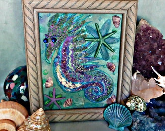 Unique Sea Horse mixed media art_Purple Seahorse Wall decor_mixed media art_Sea dragon