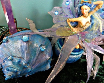 Sea fairy with conch shell_coastal chic table top decor with secret stash box_beach decor_fairies_gifts for mermaids