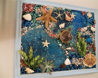 Sea turtle under the sea Resin wall art_mixed media wall hanging_sea turtle home decor_beach home dimensional framed art_tropical