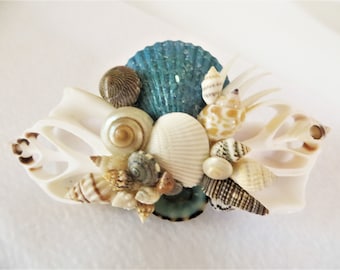 Beach Elegant Hair barrette_blue sea shell hair barrette_beach art for your hair_beach wedding hair accessory_cut shells