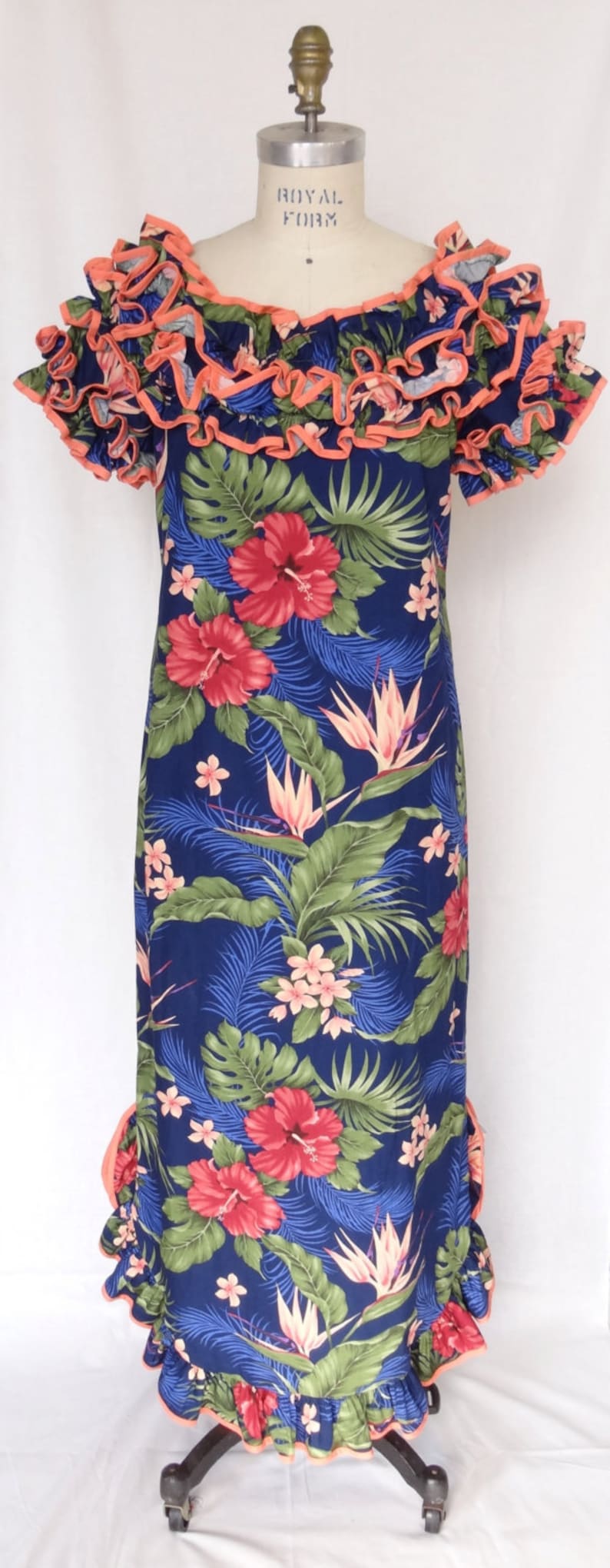 Hawaiian Muumuu Dress with Floral Print Ruffle Neck and Bottom Etsy