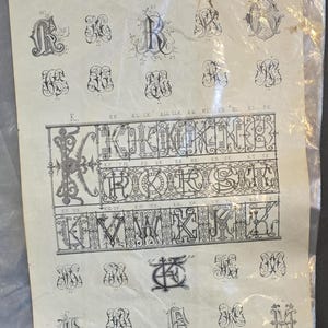 May include: A vintage paper supplement to The Art Amateur, Vol. 15, No. 4, September 1886, featuring black ink illustrations of intricate letter K monograms and decorative alphabet designs arranged in rows on a cream-colored background.