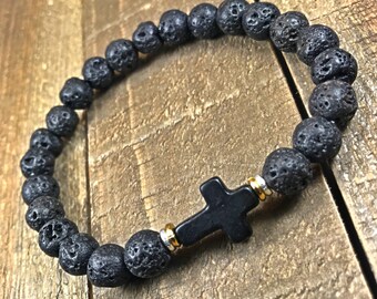 Men's cross bracelet, mens bracelet, beaded bracelet, stretch bracelet, jewelry, gifts for him, stackable bracelet, gifts, bracelets,