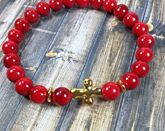 Cross bracelet, beaded bracelets, womens bracelets, onyx bracelet, stretch bracelet, stackable bracelet, gifts for her, jewelry, gifts