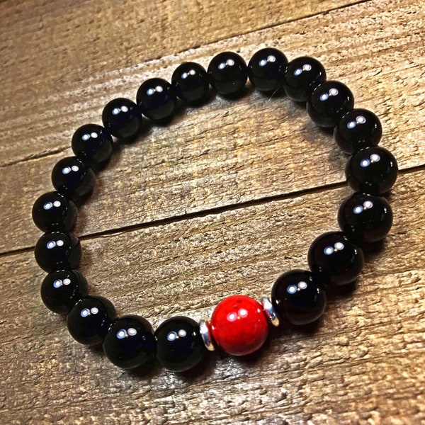Men's bracelet, onyx bracelet, beaded bracelet, stretch bracelet, jewelry, gifts for him, stackable bracelet, mens jewelry, yoga inspired