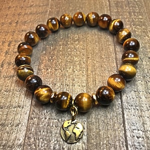 Earth charm bracelet, mens bracelet, beaded bracelet, stretch bracelet, jewelry, gifts for him, stackable bracelet, gemstone bracelet, earth