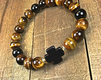 Cross bracelet, beaded bracelets, mens bracelets, mens jewelry , stretch bracelet, stackable bracelet, gifts for him, jewelry, bracelets