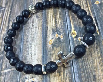 Cross bracelet, beaded bracelets, womens bracelets, onyx bracelet, stretch bracelet, stackable bracelet, gifts for her, jewelry, gifts