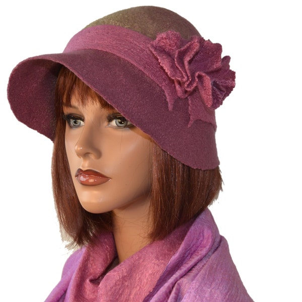 Complet: chapeau et châle  feutre d'hiver  en laine merinos chapeau  de femme  laine chapeau fait à la main