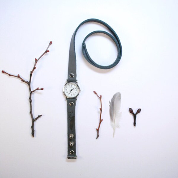 free shipping - gray grey leather bracelet wrap around wrist with engraved  feather with silver watch face