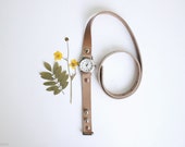 free shipping - beige milky leather bracelet wrap around wrist with silver watch face - Free Shipping