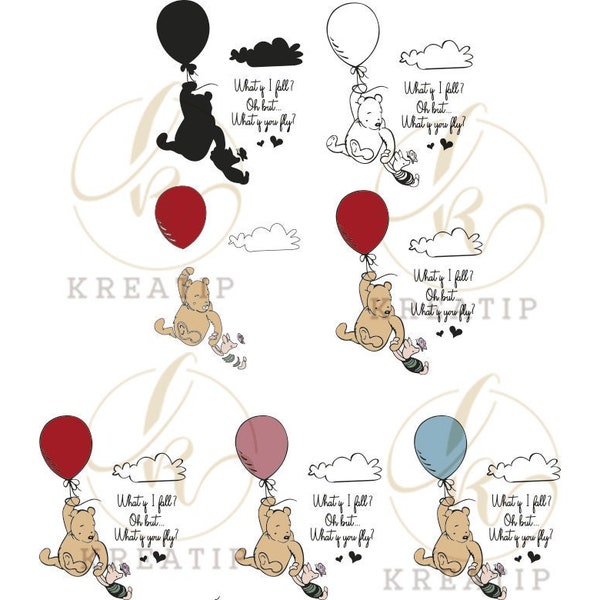 Classic Winnie The Pooh and Piglet Flying Balloon SVG, PNG, Cricut Silhouette Cutting File
