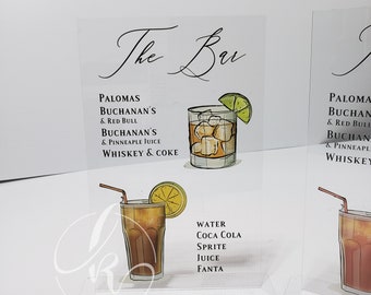 Bar Menu Signature Cocktails Custom Clear Glass Look Acrylic Wedding Sign With Stand, His Her Drinks  Bar Table Sign