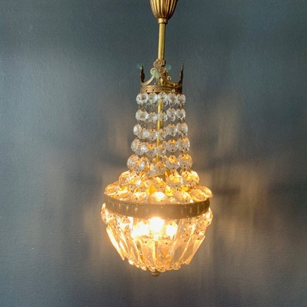 Lustre Montgolfière ancien en bronze et cristal, 1950, France