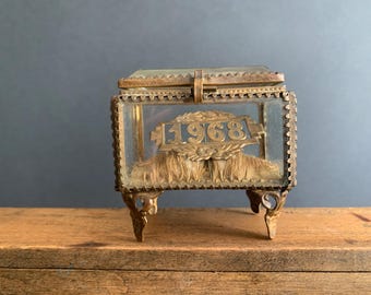 Petit Coffret Vintage Laiton Et Verre Biseauté - Années 1940, Occasion