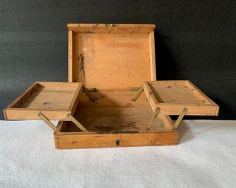 Old wooden work box, foldable suitcase, 19th century, France