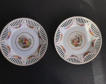 Antique dessert plates in openwork porcelain, patterned, old tableware, 1960, France