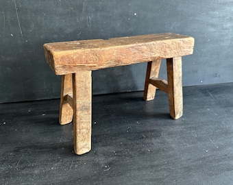 Antique Chinese wooden farm bench, small rustic workshop stool, early 20th century
