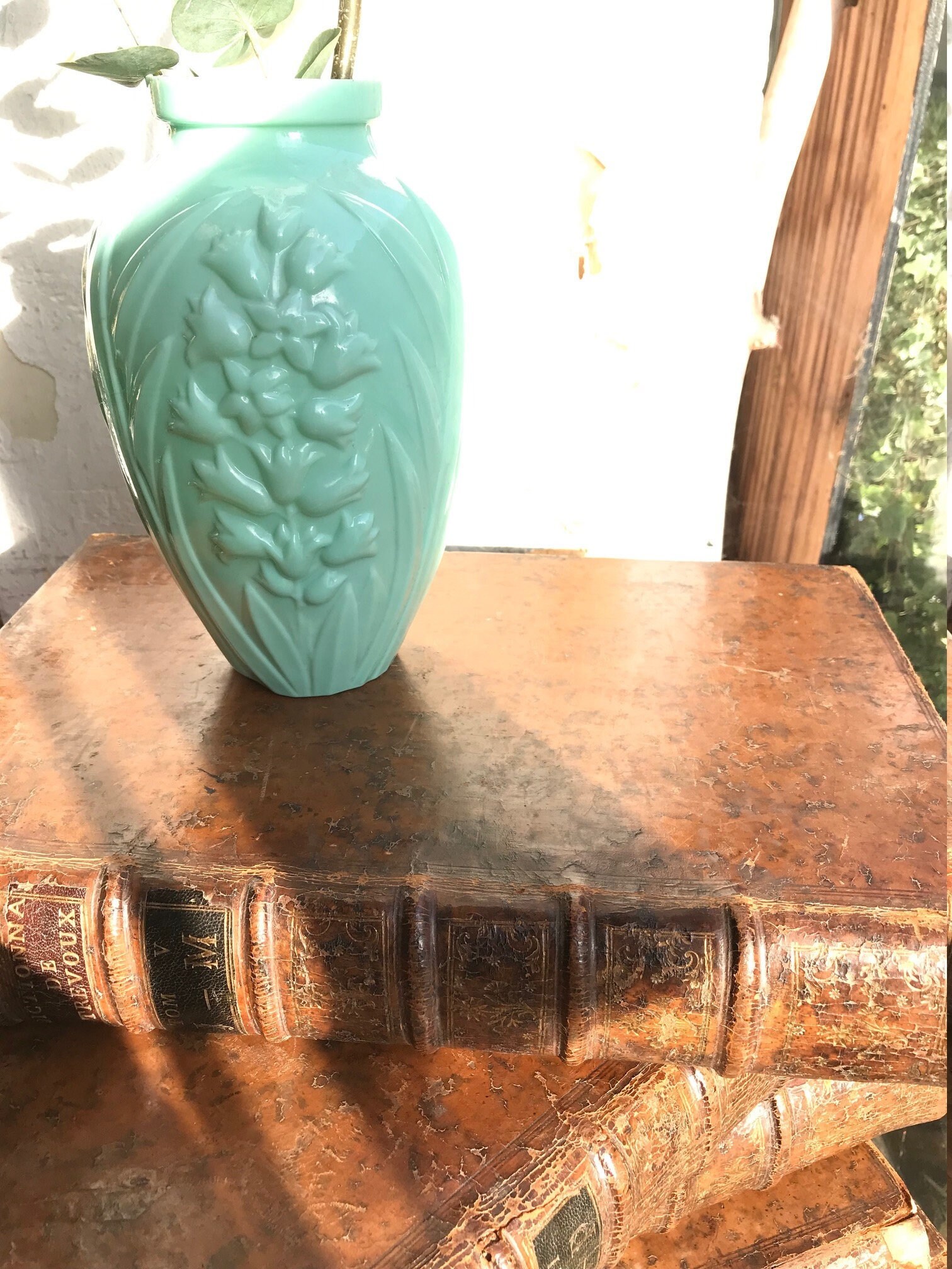 Vase Art Deco en Opaline Vert Céladon