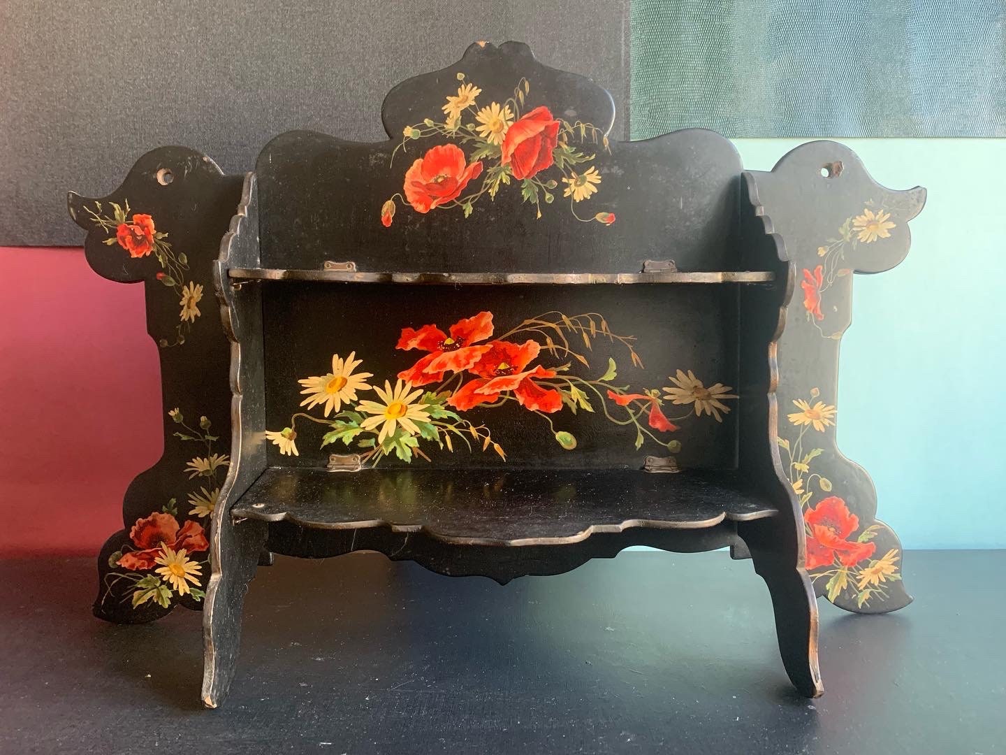 Petite Étagère Ancienne Peinte, Noire, Fleurie, Pliante, Xixème