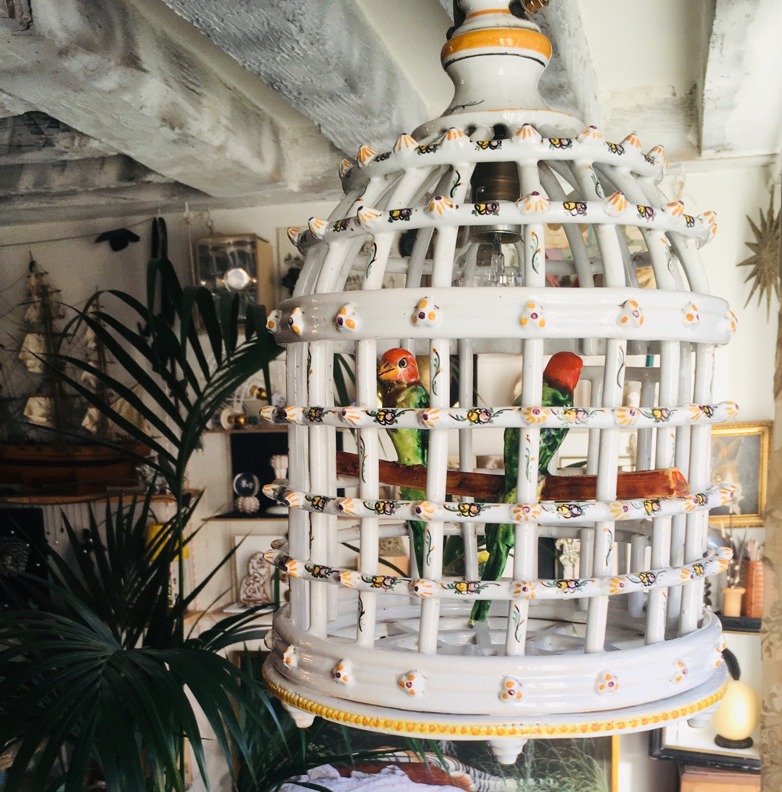 Lustre Cage à Oiseaux en Porcelaine, Faïence Peint La Main, Debut Xxème