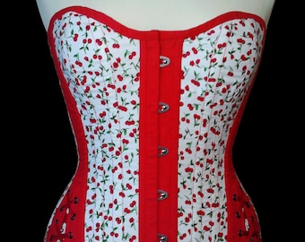 Overbust corset spring cotton printed small cherries with side lacing