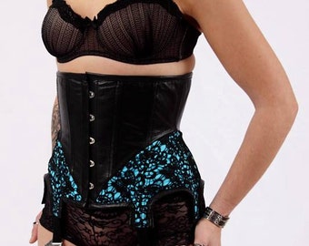 Blue black fabric leather Underbust Corset & door-garter belt