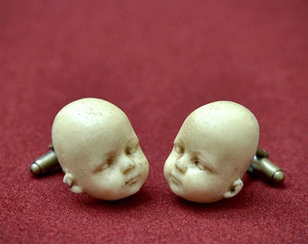 Doll Head Cufflinks - Hand made aged synthetic ivory cuff links