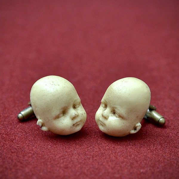 Doll Head Cufflinks - Hand made aged synthetic ivory cuff links