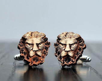 Lion Cufflinks, Engraved Wood Cufflinks, Wooden Cufflinks, Animal Cufflinks, Mens Cufflinks, Unique Cuff Links, Wooden Cuff Links