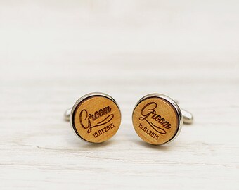 Personalized Wedding Cufflinks - GROOM & wedding date  - Very elegant wooden wedding ceremony cuff links