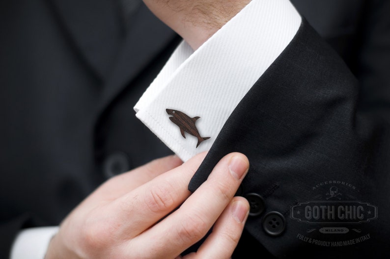 SHARK Cufflinks Men's Gifts Handmade Wooden Cuff Links Wood Cufflinks for Him Wood Cufflink Set Handmade Cufflinks groom gift image 1