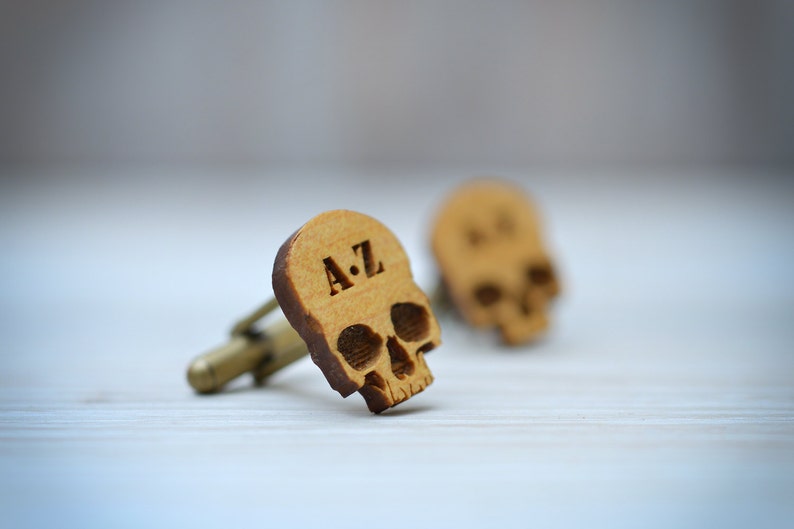 SKULL Cufflinks  CUSTOM Monogram Initials wood cuff links image 2