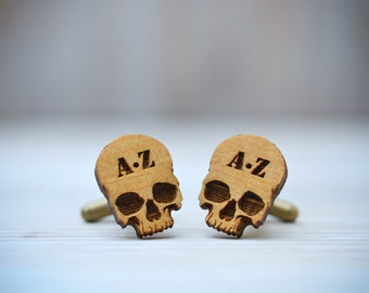 SKULL Cufflinks - CUSTOM Monogram Initials wood cuff links