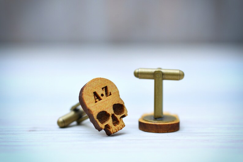 SKULL Cufflinks  CUSTOM Monogram Initials wood cuff links image 3