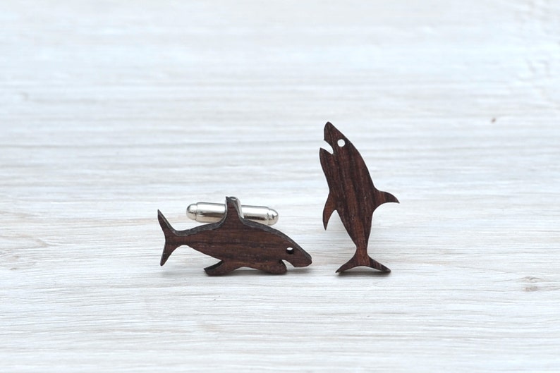 SHARK Cufflinks Men's Gifts Handmade Wooden Cuff Links Wood Cufflinks for Him Wood Cufflink Set Handmade Cufflinks groom gift image 2