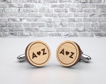 Wedding custom cufflinks. Handmade initials with heart wood cuff links