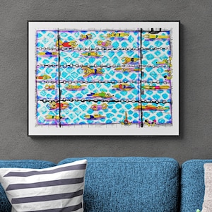 Swimming pool art print, Water sport fine art, Summer sketch, Tiny People painting, Unique swimmer gift, Minimalist wall decor, Swim poster
