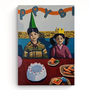 Child portrait painting, original oil on canvas artwork, figurative art of birthday scene, Contemporary figurative fine art, on of a kind