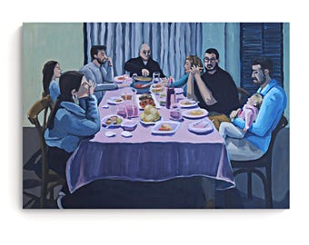 Cena in famiglia, dipinto a olio su tela: arte figurativa contemporanea (27,5x39,3)
