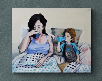 Dipinto a olio di madre e bambino: arte figurativa intima, 23,6 x 19,6 pollici