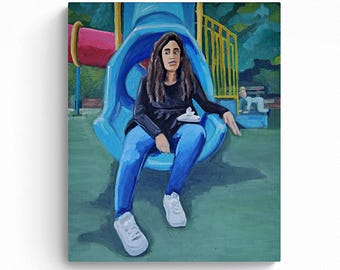 Dipinto a olio originale: Madre sullo scivolo del parco giochi, arte figurativa