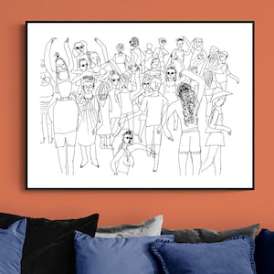 Party art print, Unique dance sketch, Dancers original illustration, Minimalist artwork of people dancing, Black and White drawing wall art